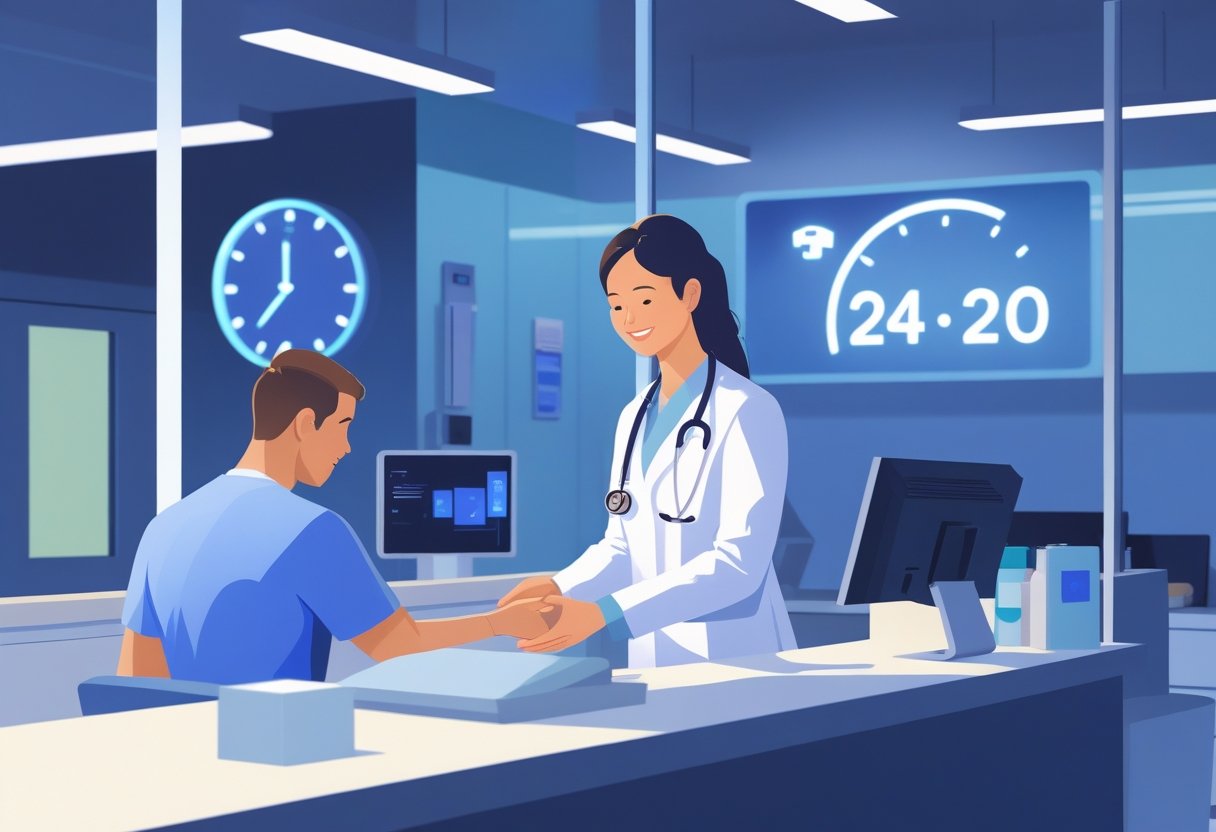 Profissional de saúde atendendo um paciente em uma recepção de hospital durante a noite.