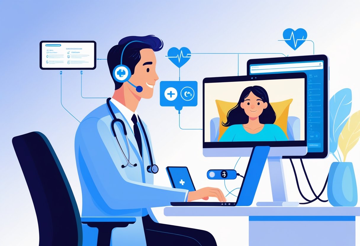 Um médico em um escritório moderno realizando uma consulta por vídeo com um paciente em casa, com ícones médicos ao redor que representam tecnologia em saúde.
