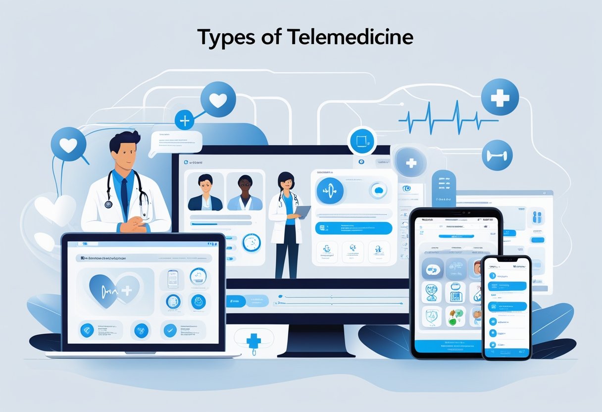 Ilustração mostrando quatro tipos principais de telemedicina: consulta por vídeo, monitoramento remoto com dispositivos vestíveis, revisão de prontuários digitais e uso de aplicativo móvel para saúde.