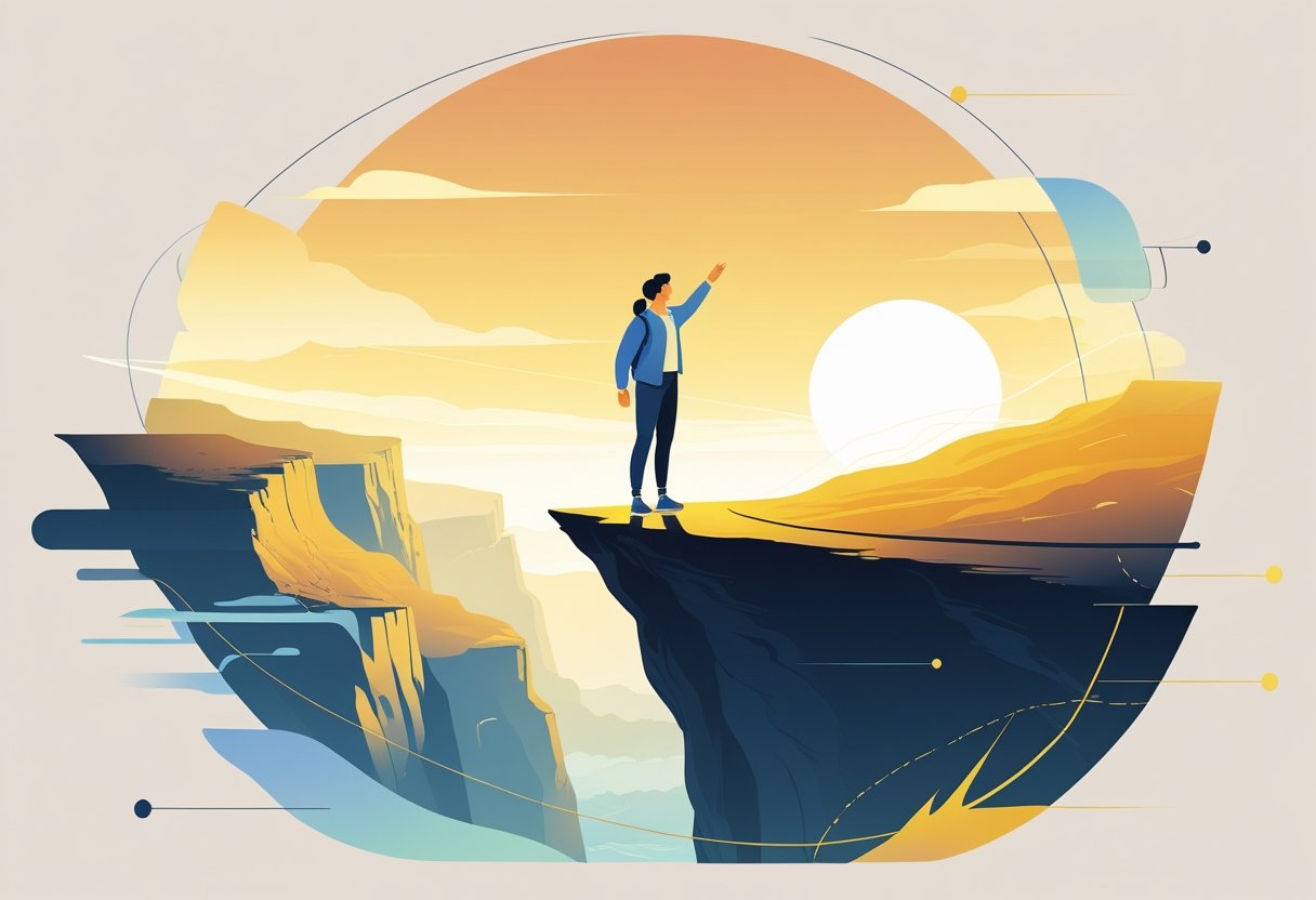 A person standing at the edge of a cliff reaching toward a glowing path extending into a sunrise over an open landscape.