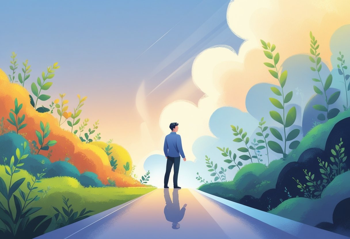 A person standing thoughtfully at the edge of a glowing boundary line separating a vibrant, growing landscape from a calm, shaded area.