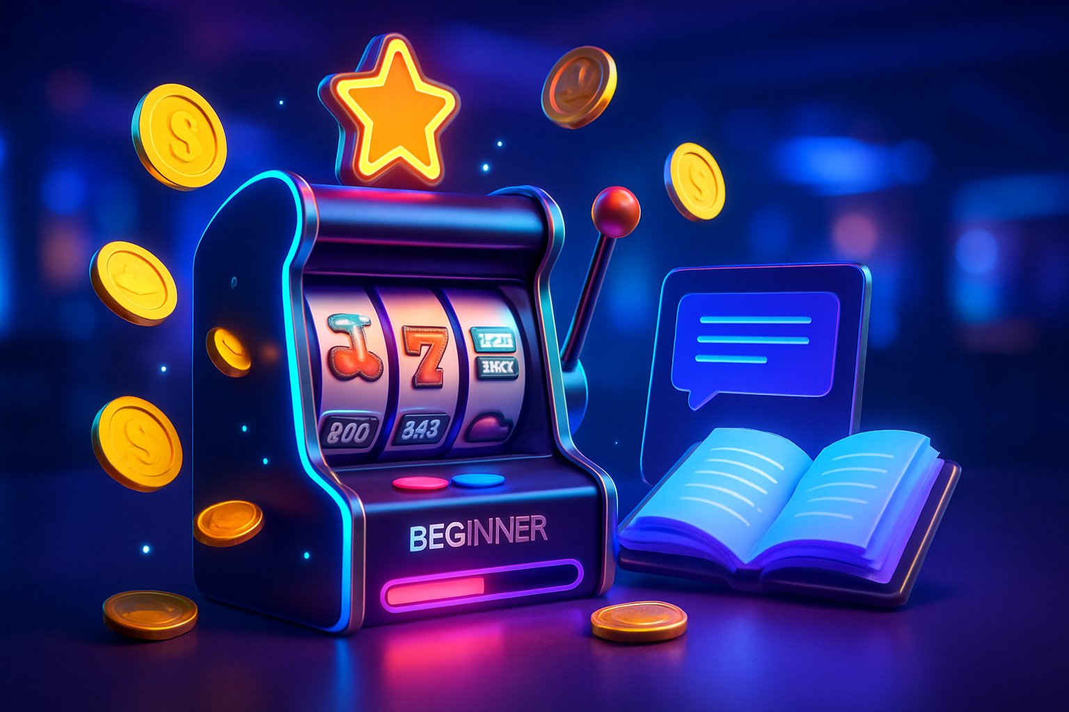 Mesin slot modern dengan gulungan berwarna-warni dan koin mengambang di latar kasino futuristik yang terang, menunjukkan suasana belajar bermain slot online untuk pemula.