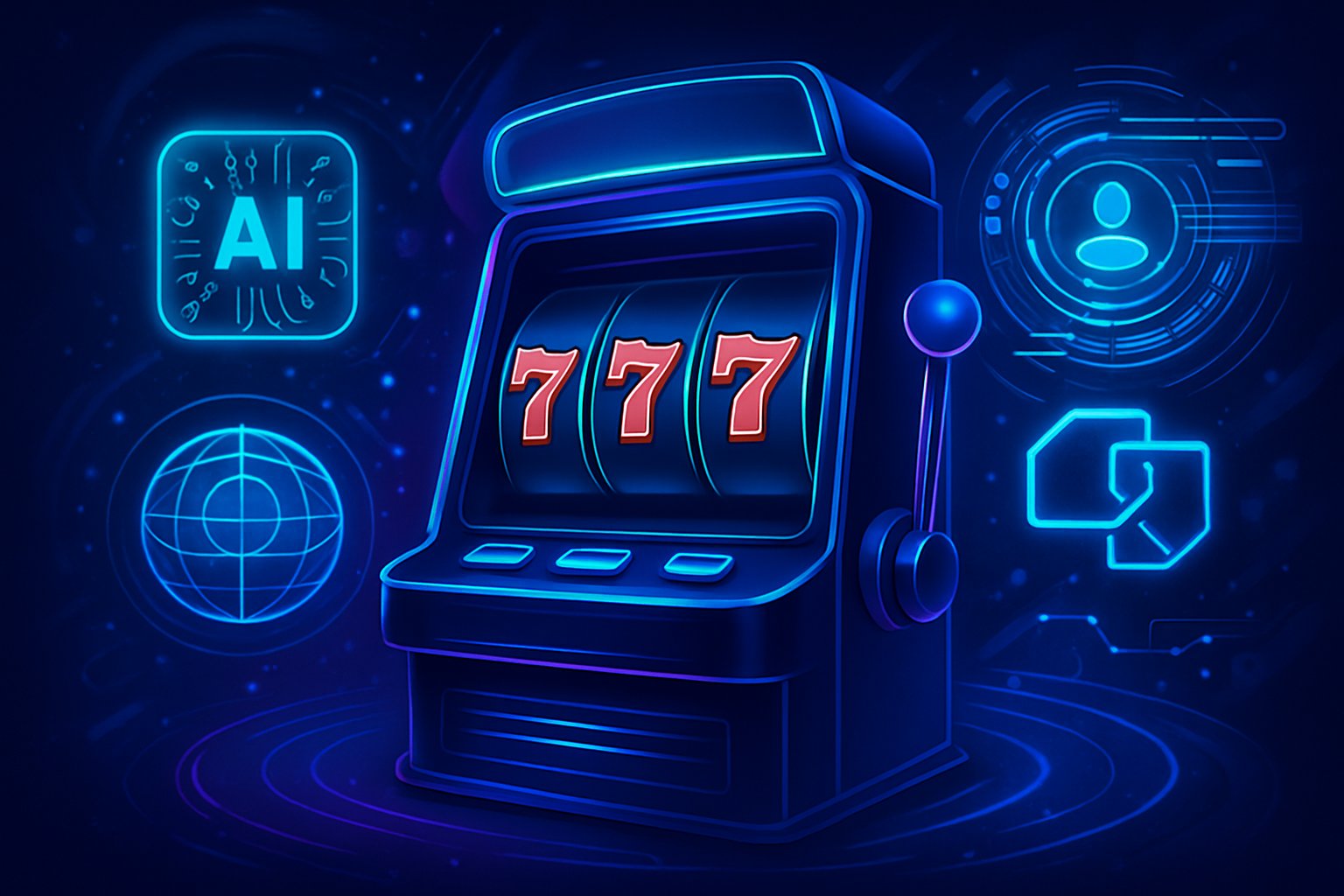 Ilustrasi mesin slot digital futuristik dengan elemen teknologi canggih dan latar belakang berwarna biru dan ungu yang menunjukkan inovasi dalam permainan slot online.