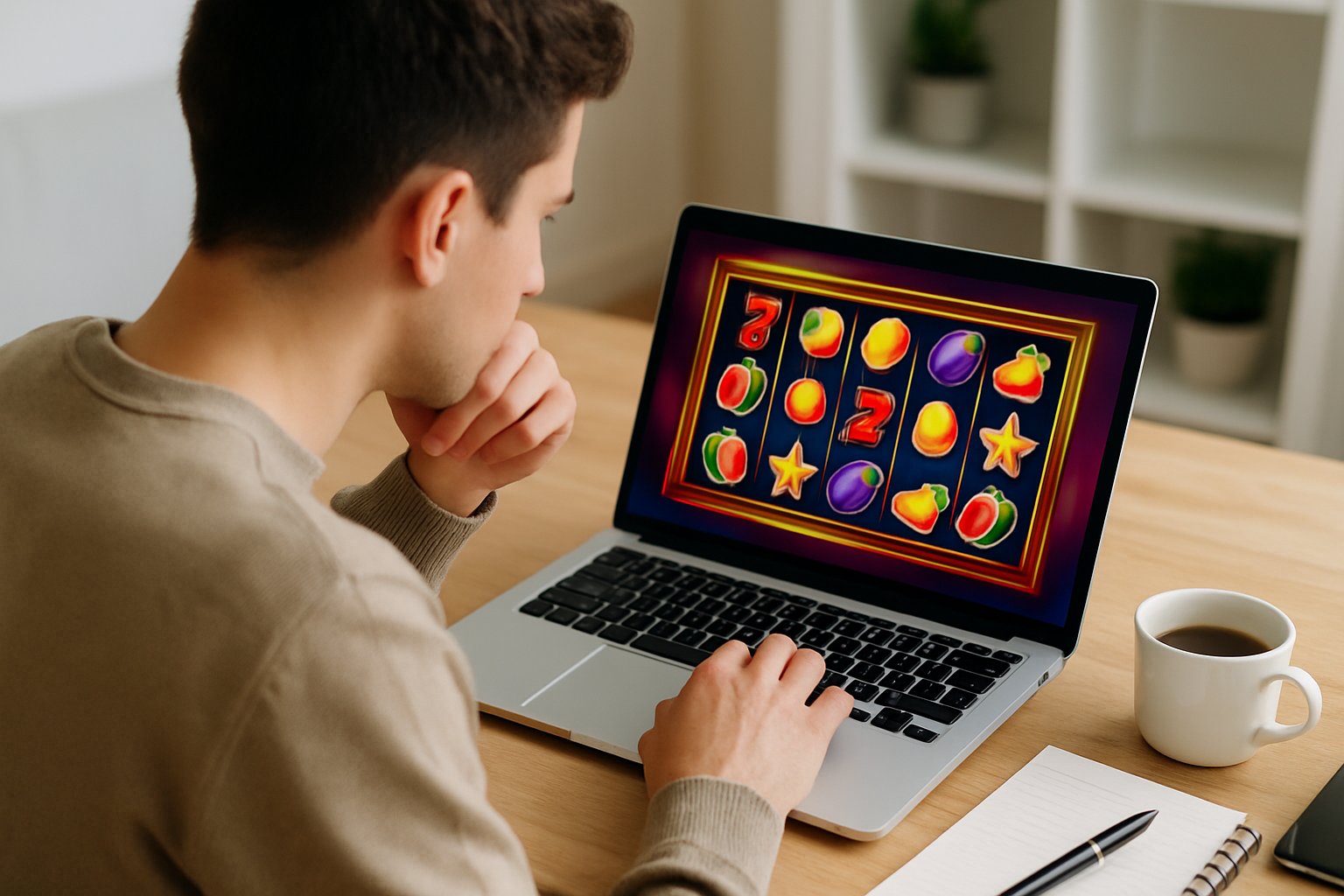 Seseorang sedang duduk di meja kerja dengan laptop yang menampilkan permainan slot online, terlihat fokus dan sedang belajar strategi bermain.