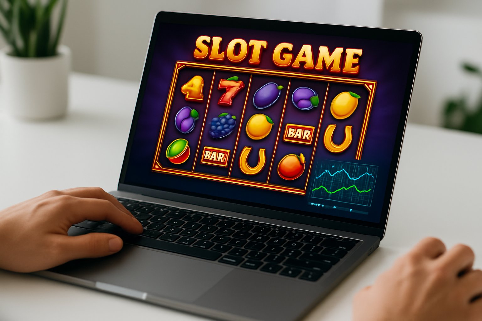 Seorang pemain sedang menggunakan komputer dengan layar menampilkan permainan slot online yang berwarna-warni dan grafik statistik RTP secara halus di layar.
