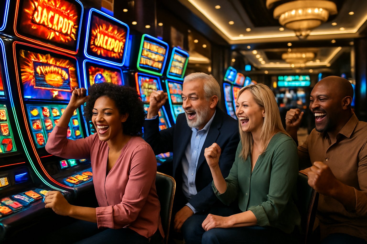 Orang-orang bermain mesin slot di kasino modern dengan lampu jackpot yang menyala dan suasana yang meriah.