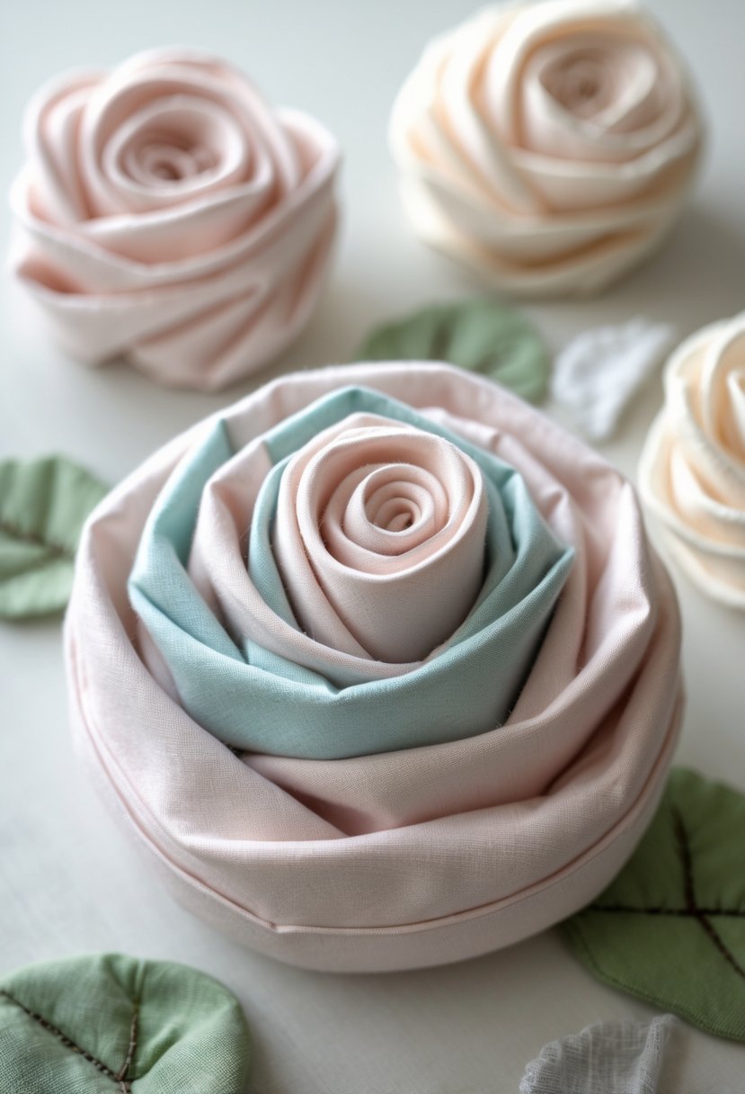 A close-up of a rolled fabric rose made from soft pastel fabric, displayed on a neutral background with other fabric flower crafts nearby.