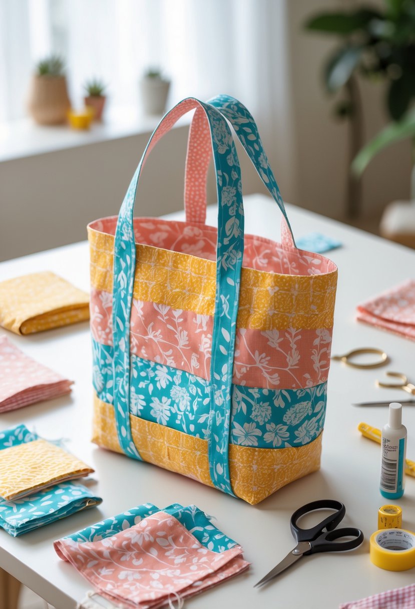 A no-sew fabric tote bag on a wooden table surrounded by fabric pieces, scissors, fabric glue, and other craft supplies.