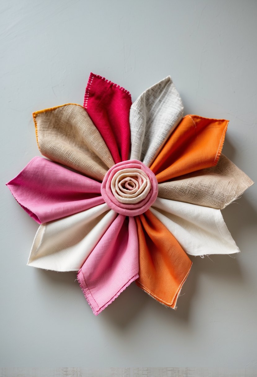 A layered 5-petal flower made from colorful fabric scraps placed against a plain background.