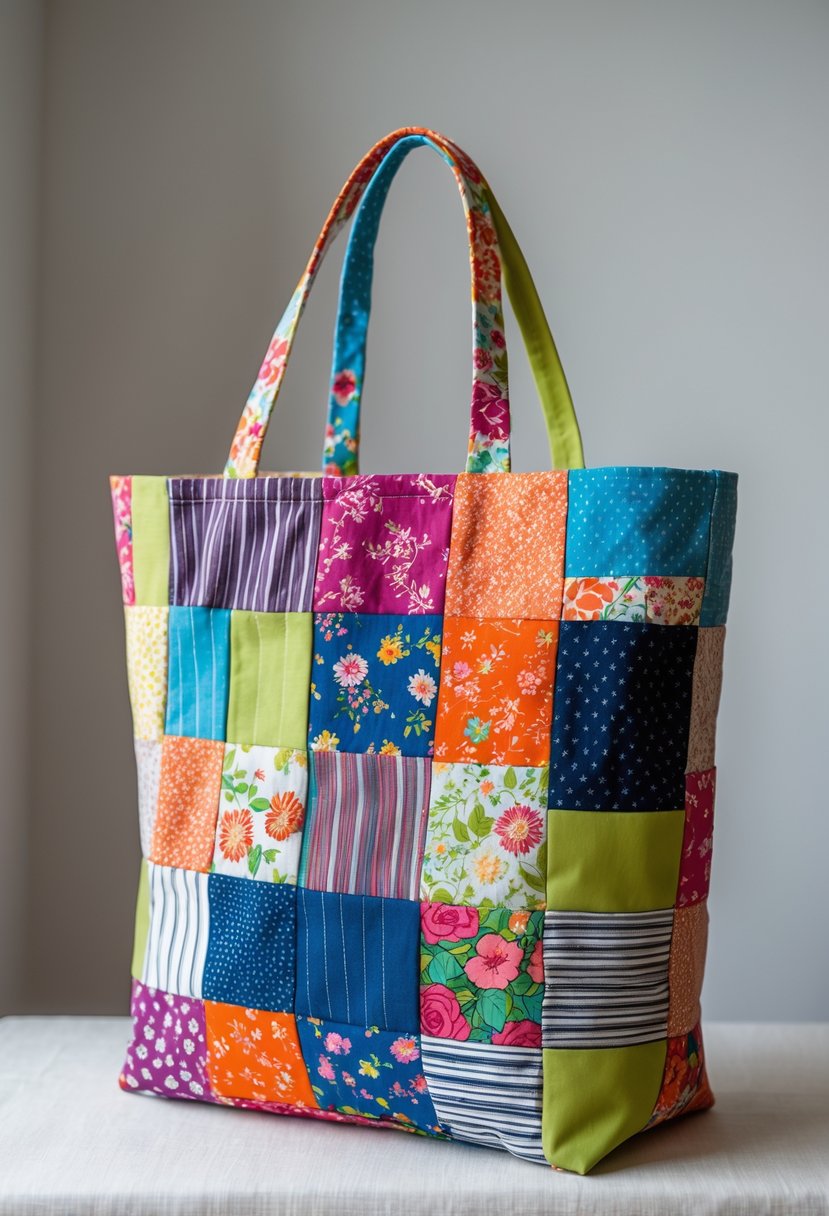 A colorful patchwork tote bag made from various fabric scraps standing upright on a plain background.