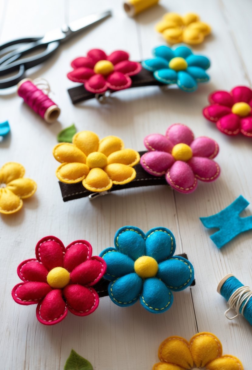 Close-up of colorful felt flower hair clips arranged on a wooden surface with crafting materials nearby.