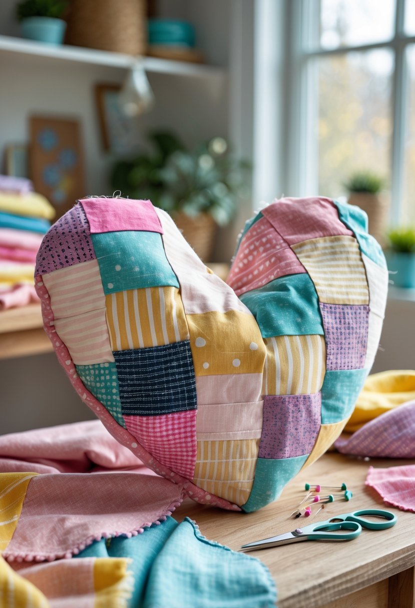 A heart-shaped fabric pillow on a wooden table surrounded by fabric scraps and crafting materials in a bright room.
