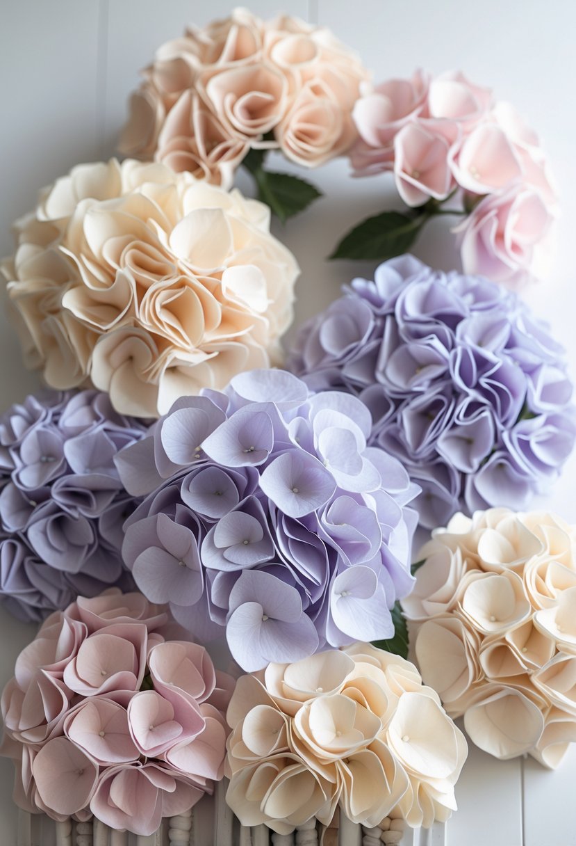 Clusters of pleated fabric hydrangea flowers in pastel colors arranged on a neutral background.