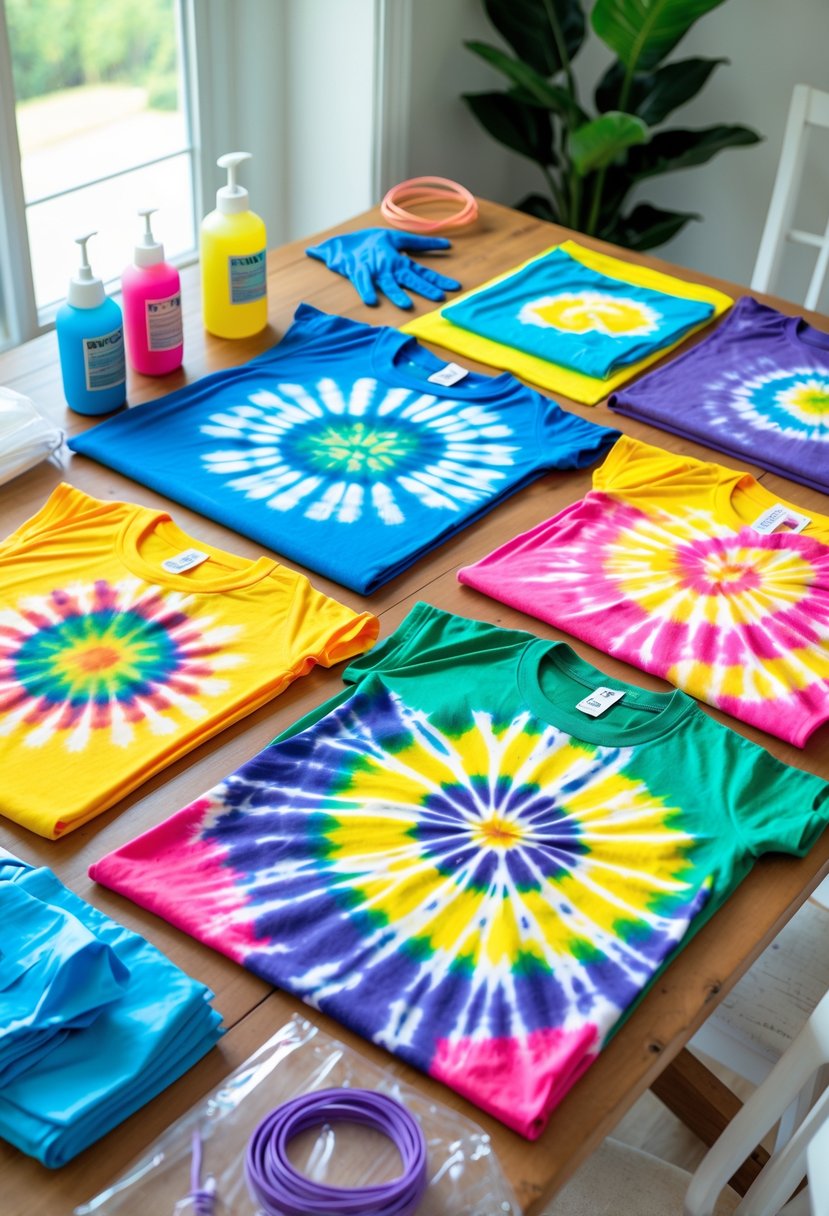 A table with colorful tie-dye t-shirts and fabric dye supplies arranged for a home craft project.