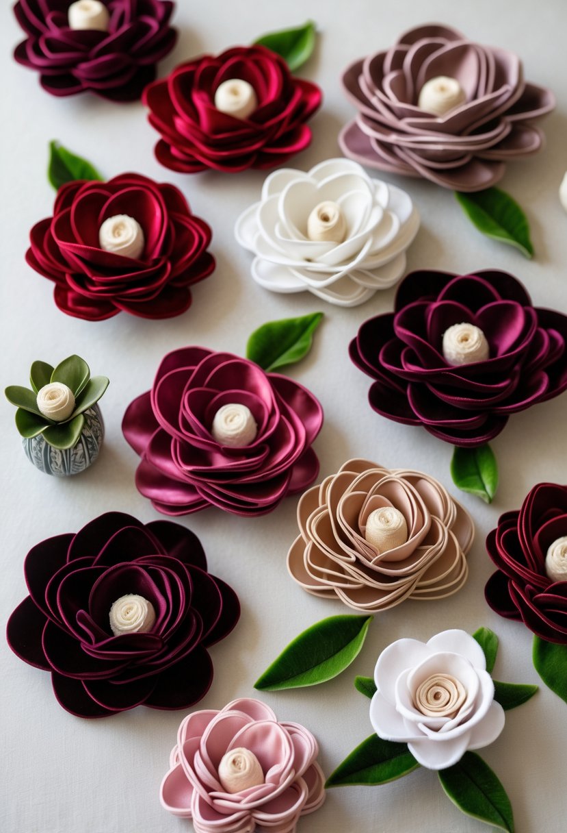 Fifteen velvet ribbon camellia fabric flowers arranged on a neutral background for home decoration.