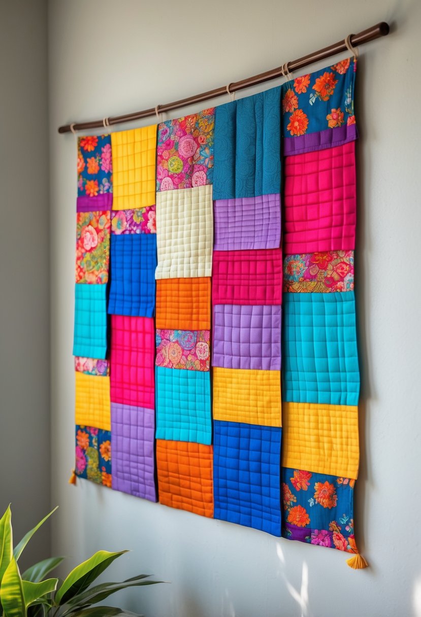 A colorful fabric wall hanging made from patchwork pieces displayed on a plain wall.