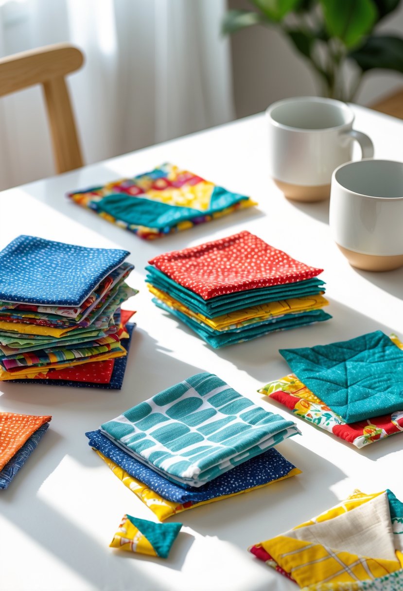A set of colorful fabric scrap coasters on a table with ceramic mugs placed on some of them.