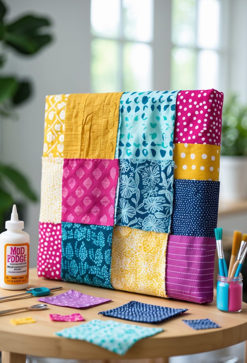 A fabric collage canvas with colorful fabric pieces on a wooden table surrounded by crafting supplies.