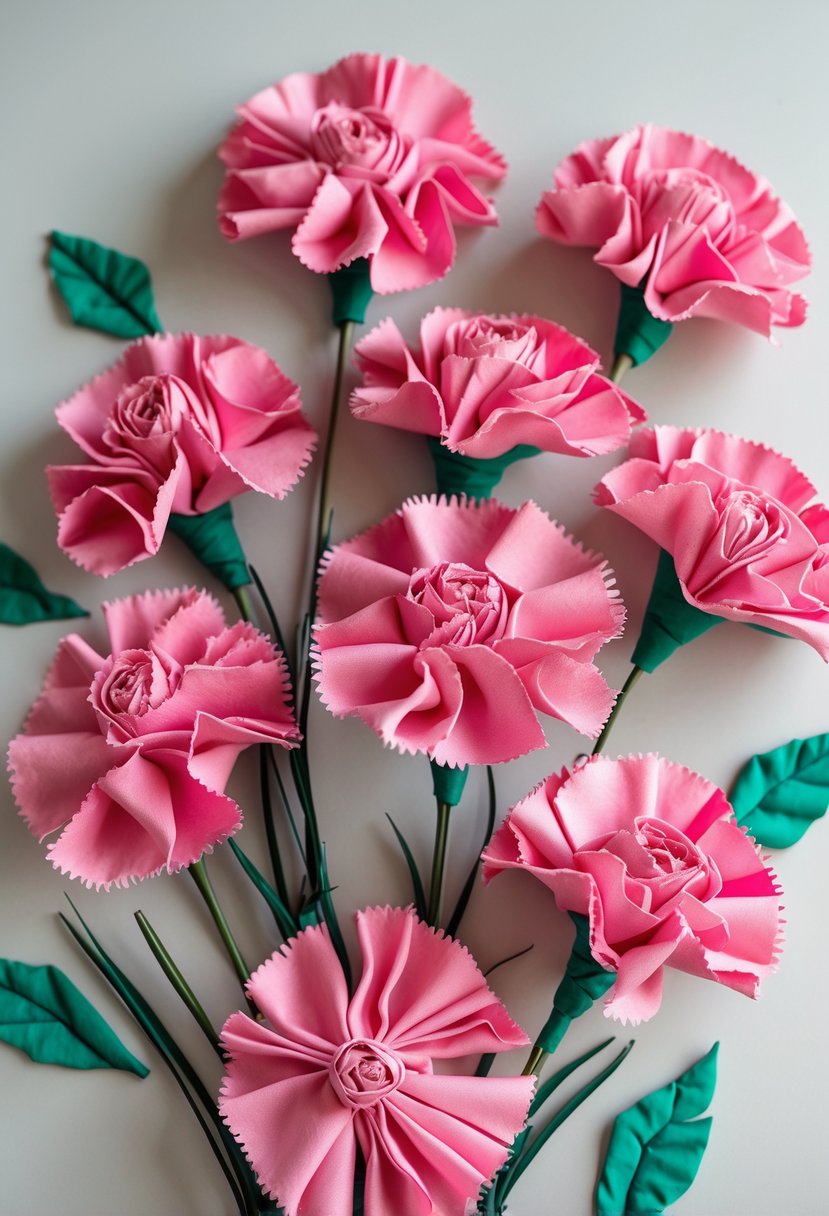 A collection of handmade pink fabric flowers resembling carnations arranged on a neutral background.