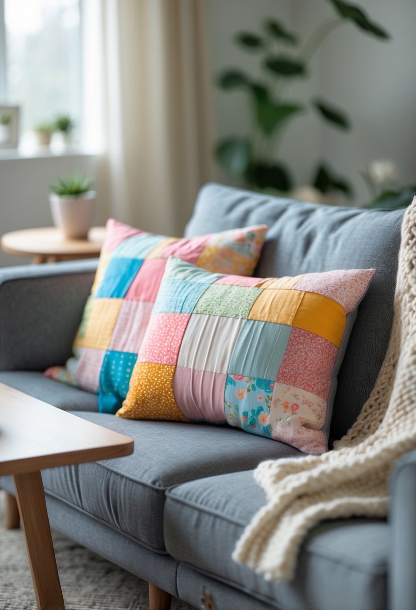 A colorful patchwork pillow on a sofa in a cozy living room with a coffee table and a small plant nearby.