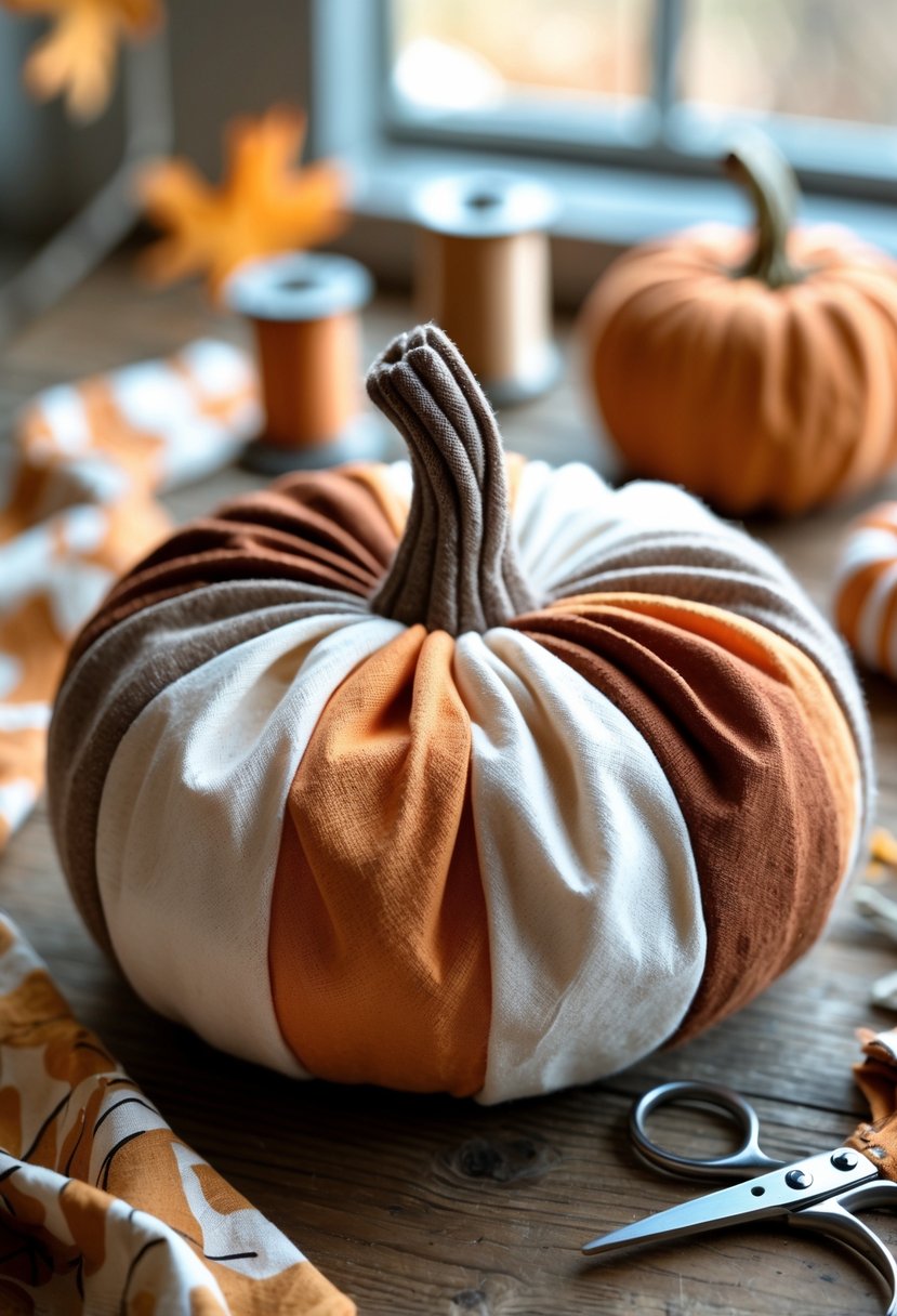 A fabric pumpkin decoration on a wooden table surrounded by crafting materials like fabric scraps and scissors.