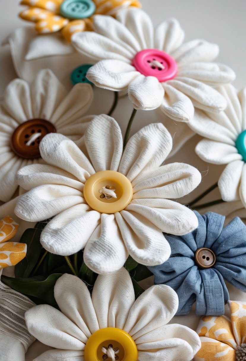A cluster of handmade fabric daisy flowers with buttons in the center arranged on a neutral background.