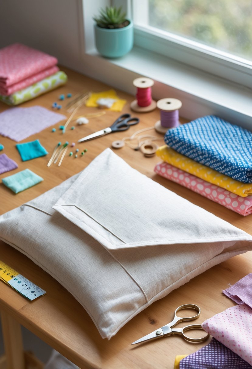 A wooden table with a handmade envelope pillowcase surrounded by sewing tools and fabric in a bright home crafting space.