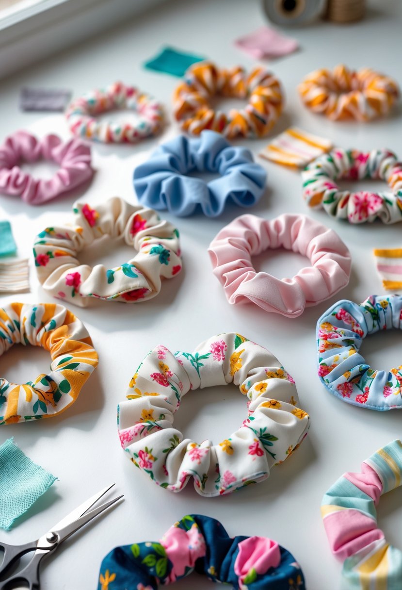 A collection of colorful fabric scrunchies arranged on a white surface with fabric scraps and crafting tools around them.