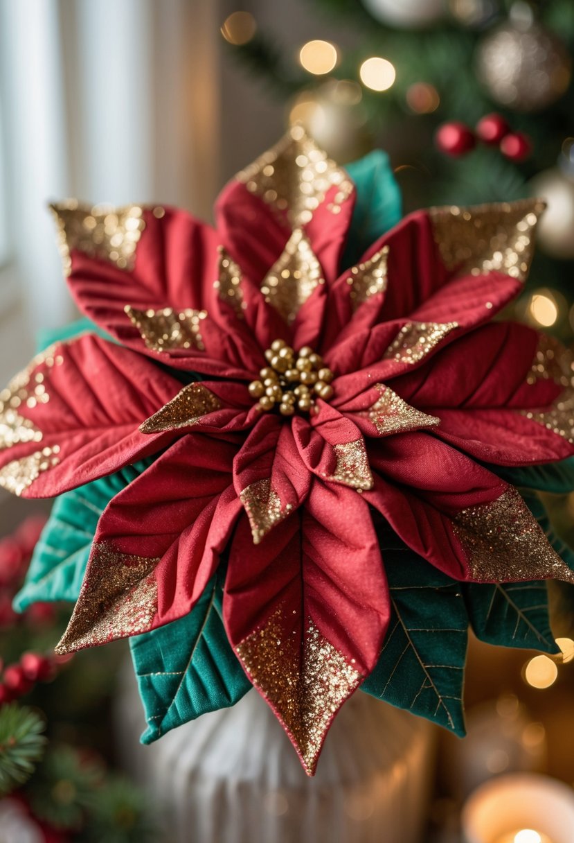 Close-up of a handcrafted fabric poinsettia flower with glittered petal tips.
