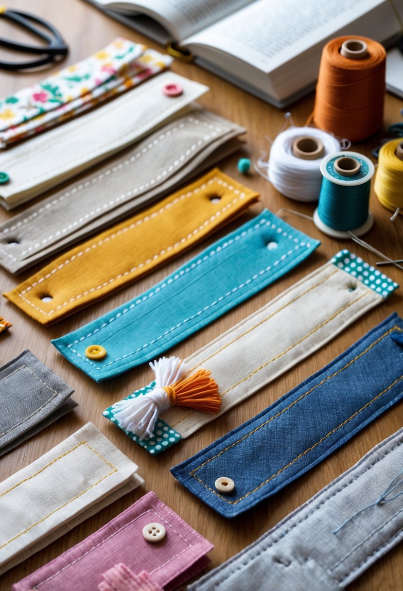 A collection of colorful fabric bookmarks with sewing tools arranged on a wooden table.