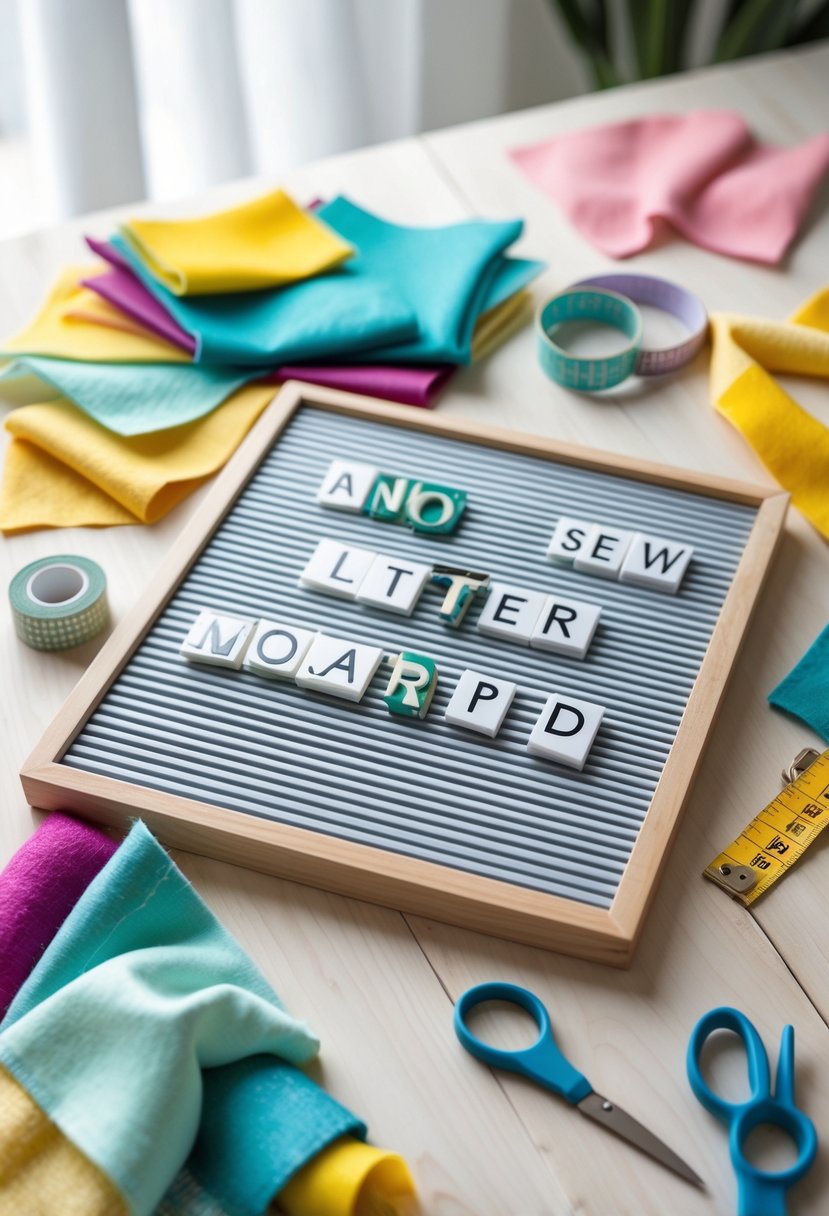 A felt letter board on a wooden surface surrounded by colorful fabric scraps and crafting tools.