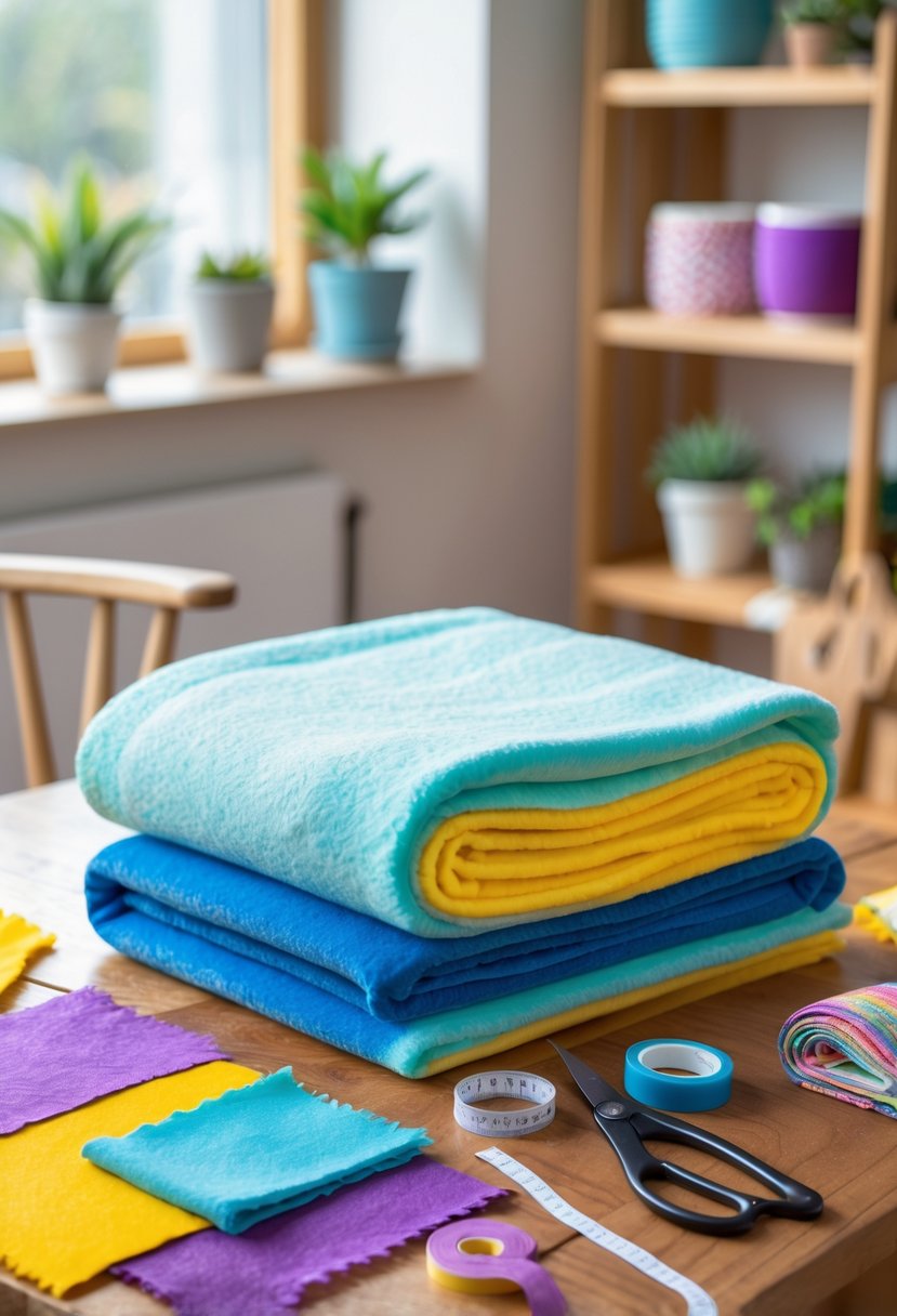 A no-sew fleece blanket on a wooden table surrounded by fabric craft supplies in a cozy, well-lit room.