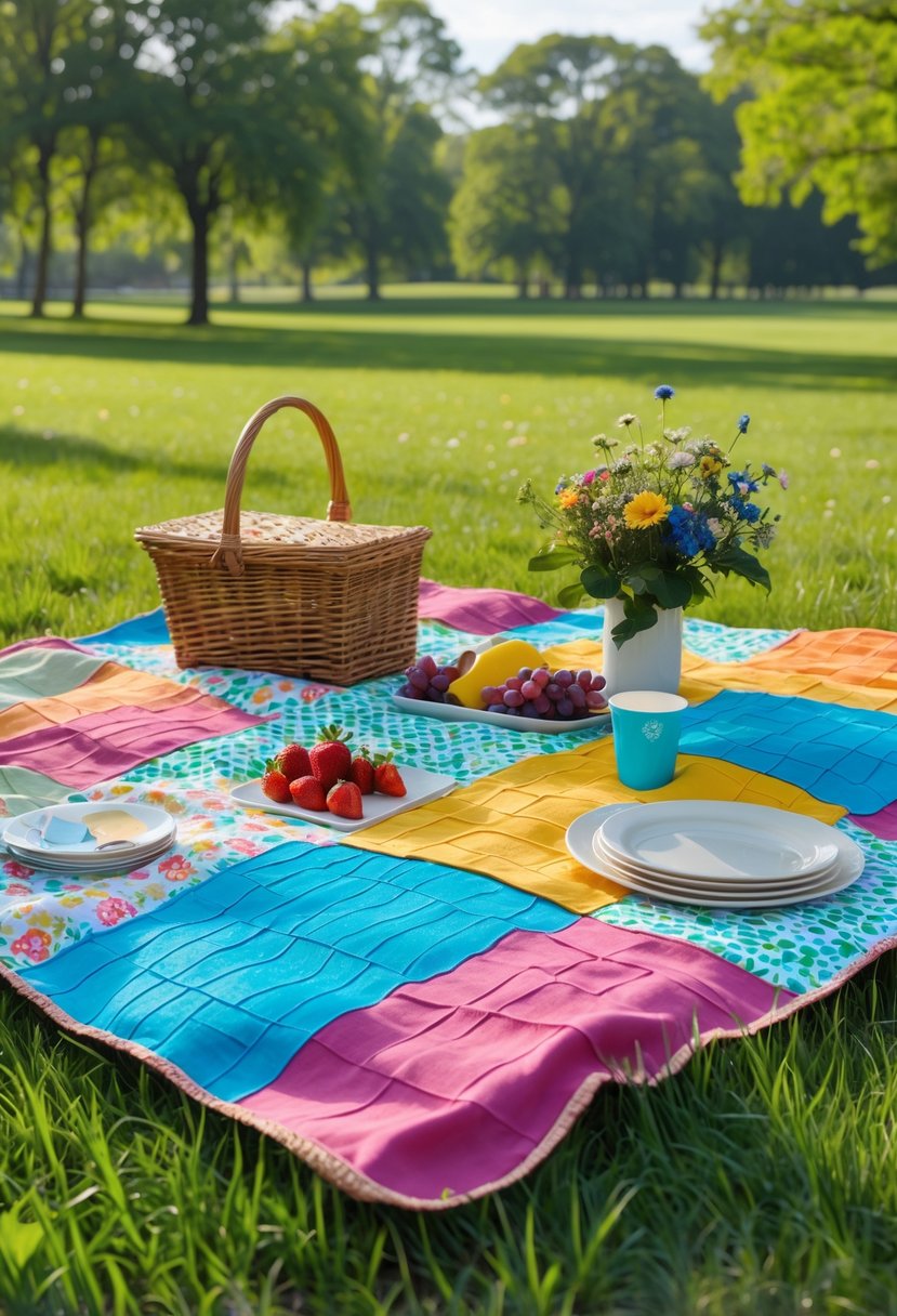 A colorful patchwork picnic blanket spread on green grass with picnic items including a basket, fruits, flowers, plates, and cups in a park setting.