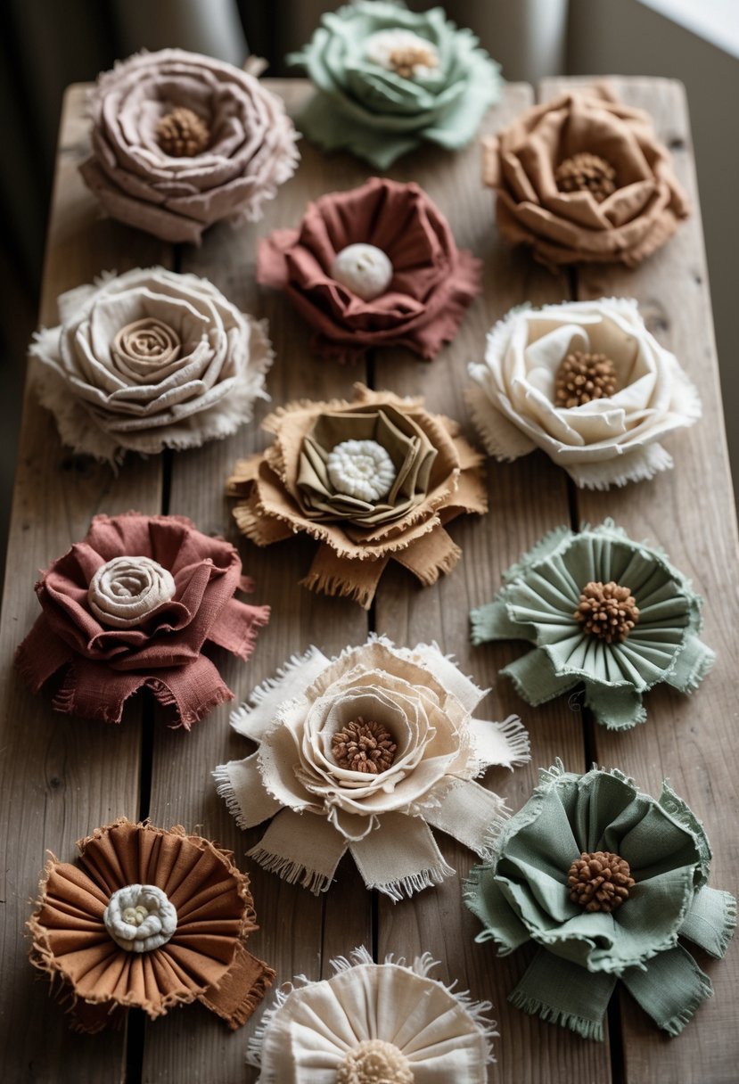 A collection of fifteen handmade fabric flowers with frayed edges arranged on a wooden surface.