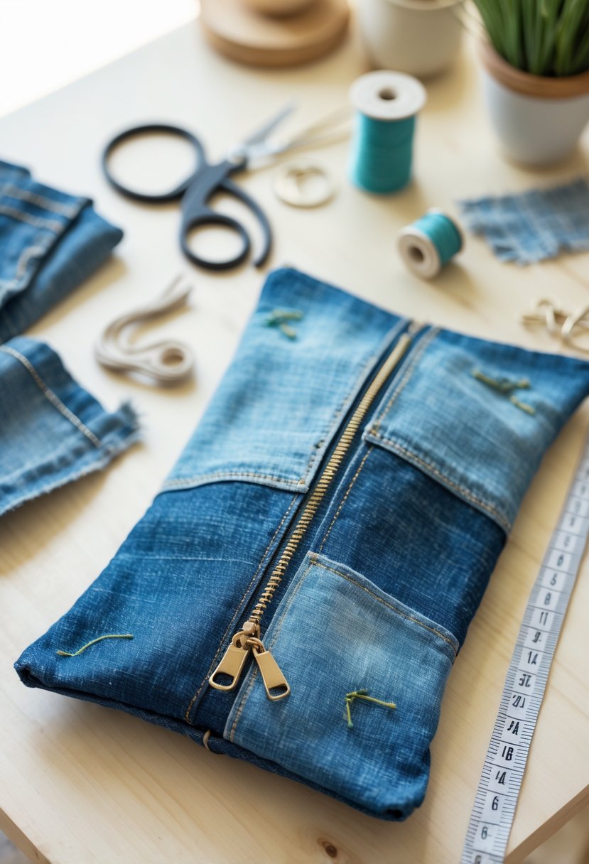 A handmade denim pouch on a wooden table surrounded by sewing tools and fabric scraps.