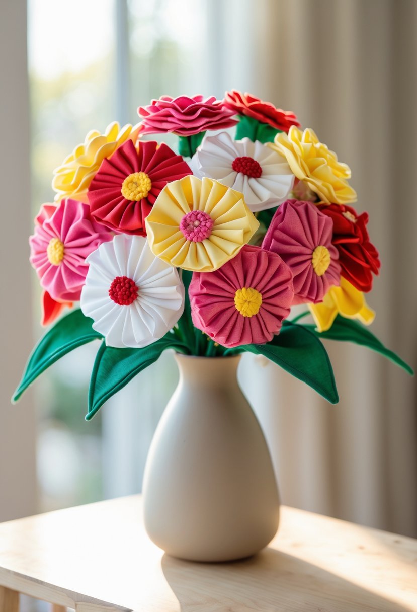 A colorful bouquet of fabric flowers arranged in a vase on a wooden table with soft natural light.