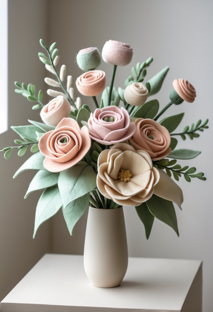 A bouquet of colorful felt and fabric flowers arranged in a vase on a neutral background.