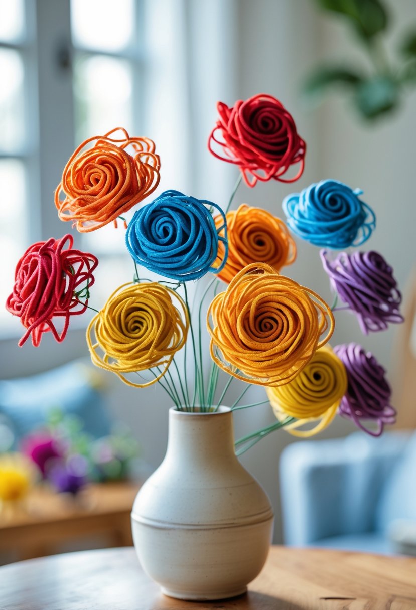 A collection of colorful fabric spiral flowers with wire stems arranged in a white vase on a wooden table.