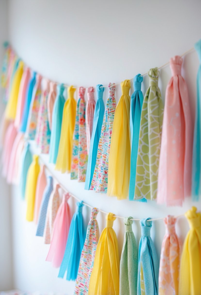 Colorful fabric tassel garland made from tied strips of fabric hanging against a plain background.