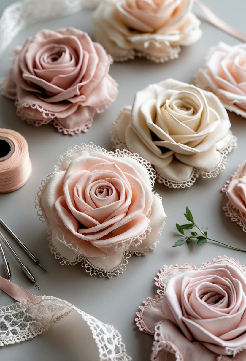 A collection of fabric roses with lace trim arranged with sewing supplies on a neutral surface.