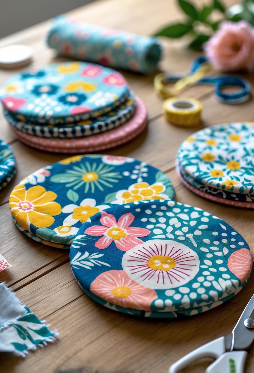 A set of colorful fabric coasters arranged on a wooden table with sewing materials nearby.