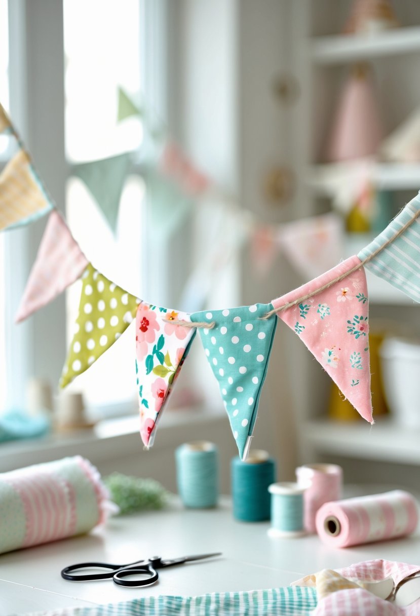 Colorful fabric bunting made of triangular pieces hanging indoors with crafting supplies in the background.