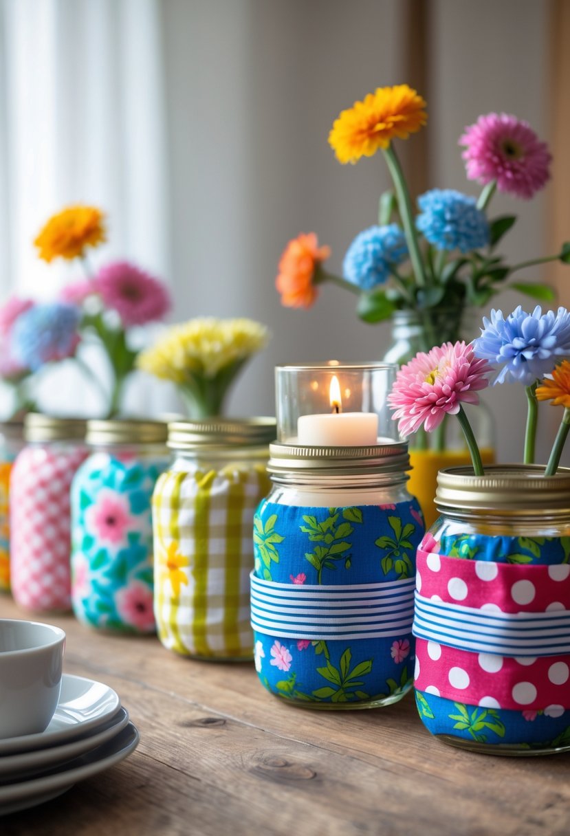 Several mason jars wrapped in colorful fabric arranged on a wooden table with flowers and candles inside.