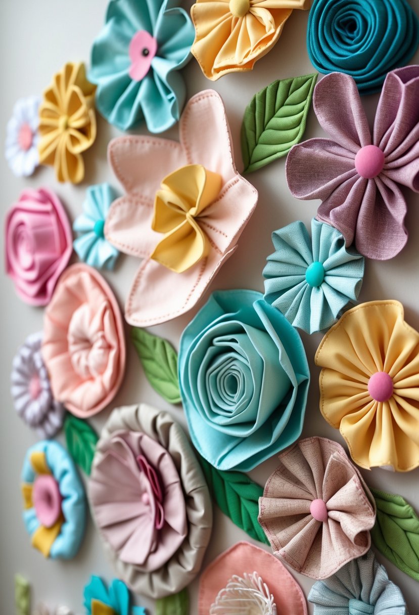 A colorful arrangement of 15 fabric flowers displayed on a wall as decorative art.
