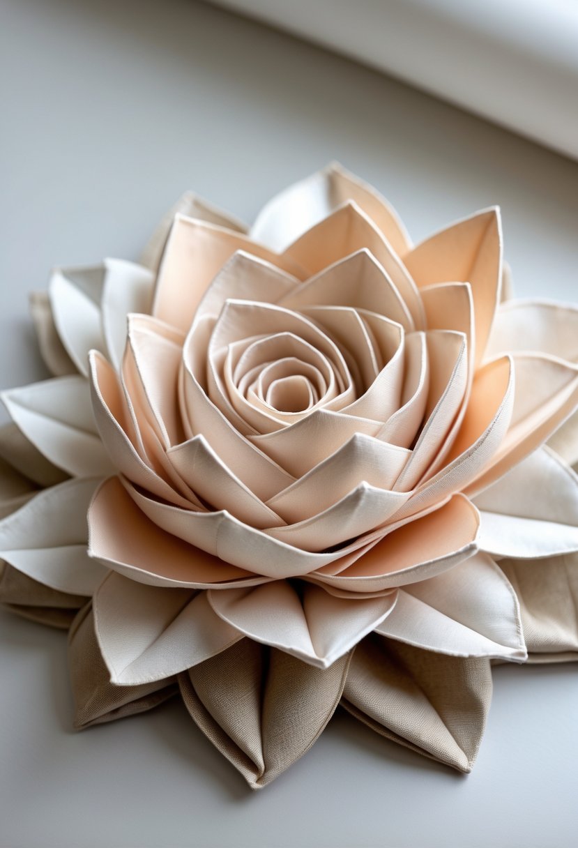 A folded fabric lotus flower with layered pastel petals on a neutral background.