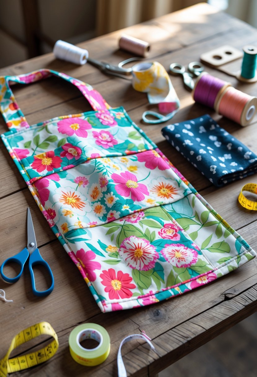 A reversible fabric apron displayed on a table with sewing supplies around it.
