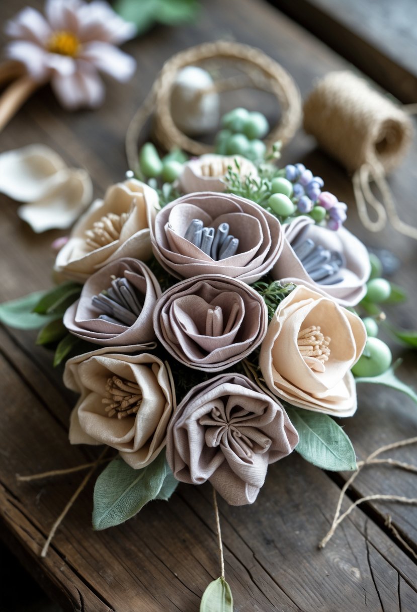 A delicate fabric flower corsage made from recycled silk resting on a wooden table with sewing tools and natural elements nearby.