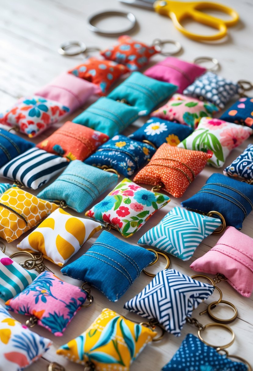 A collection of colorful fabric keychains with various patterns arranged on a wooden surface alongside crafting materials.