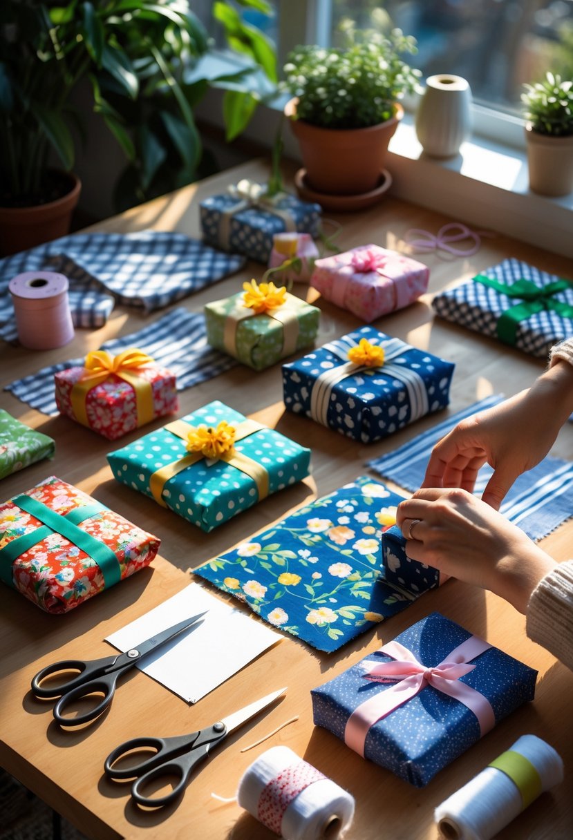 A wooden table with colorful fabric pieces, wrapped gifts, scissors, and crafting tools in a bright home setting with natural light.
