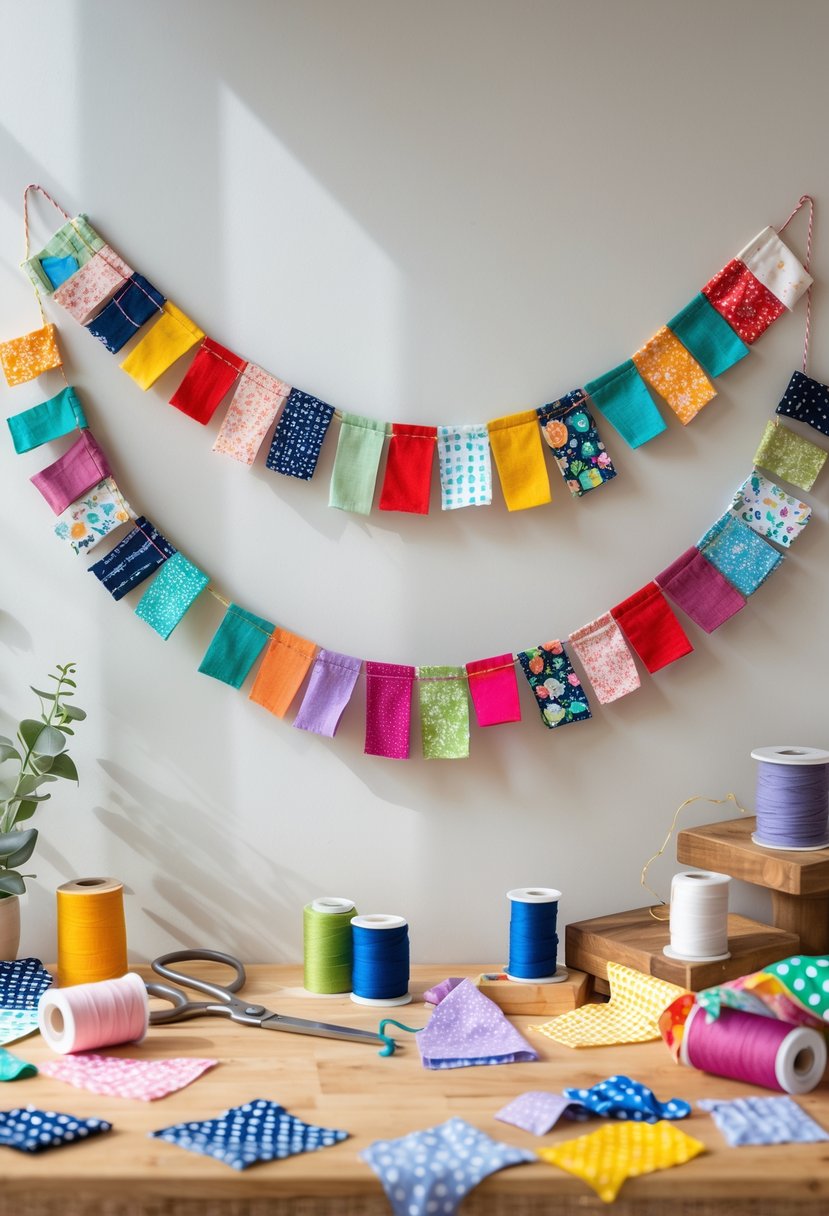 A colorful fabric scrap garland hanging with crafting tools and fabric pieces on a wooden table.